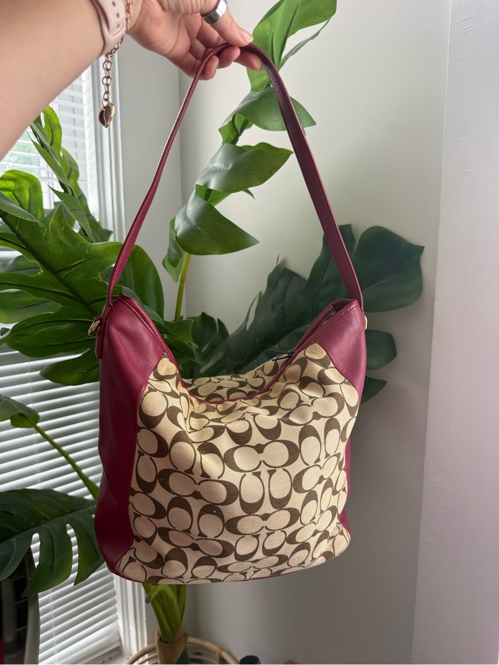 COACH Legacy Signature Hobo Duffel Bag in Khaki and Fuchsia Leather Crossbody